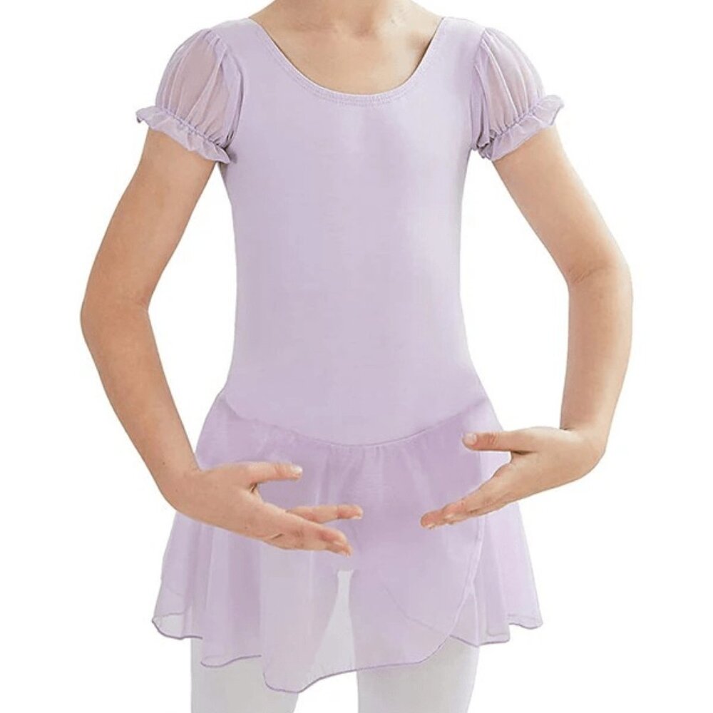 Girls Puffy Sleeve Skirted Leotard, Purple, L